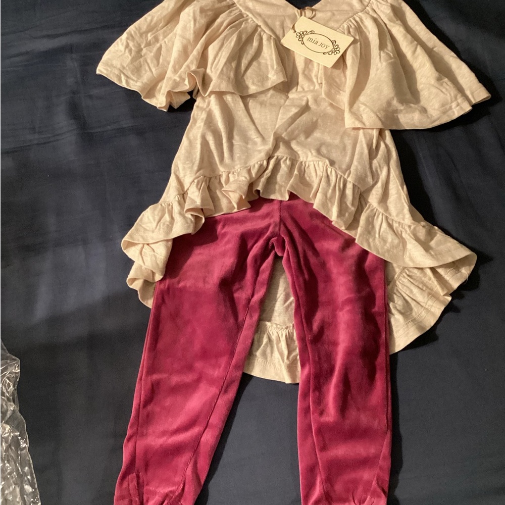 Joyfolie Beige Ruffle Top and Maroon Leggings Set